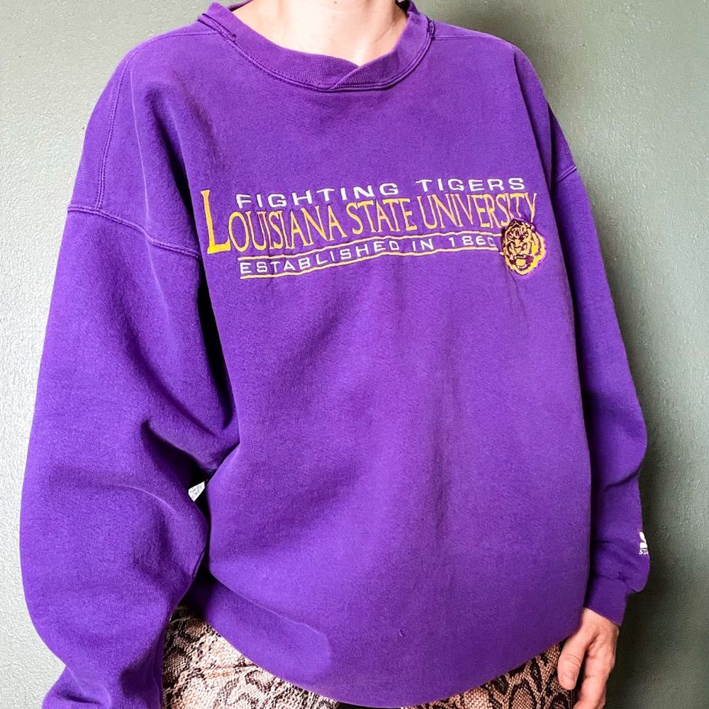 90s Starter LSU College Embroidered Crewneck Purple Sweatshirt, Made in USA
